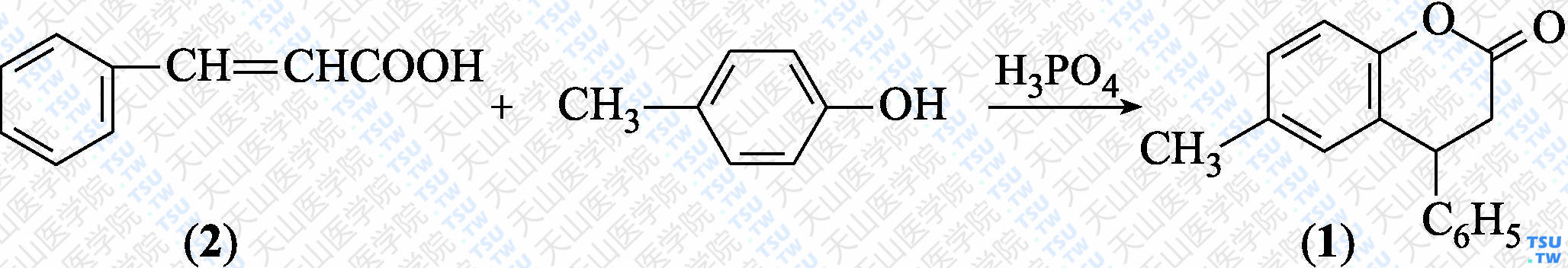 6-甲基-4-苯基-3，4-二氢香豆素（分子式：C<sub>16</sub>H<sub>14</sub>O<sub>2</sub>）的合成方法路线及其结构式
