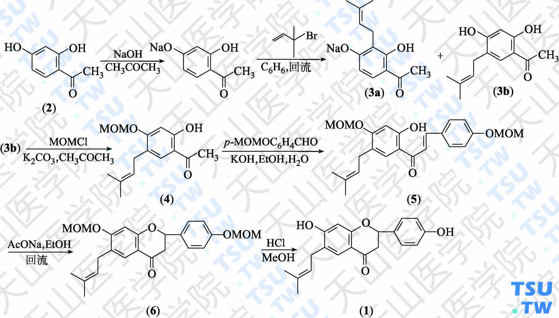 补骨脂二氢黄酮（分子式：C<sub>20</sub>H<sub>20</sub>O<sub>4</sub>）的合成方法路线及其结构式