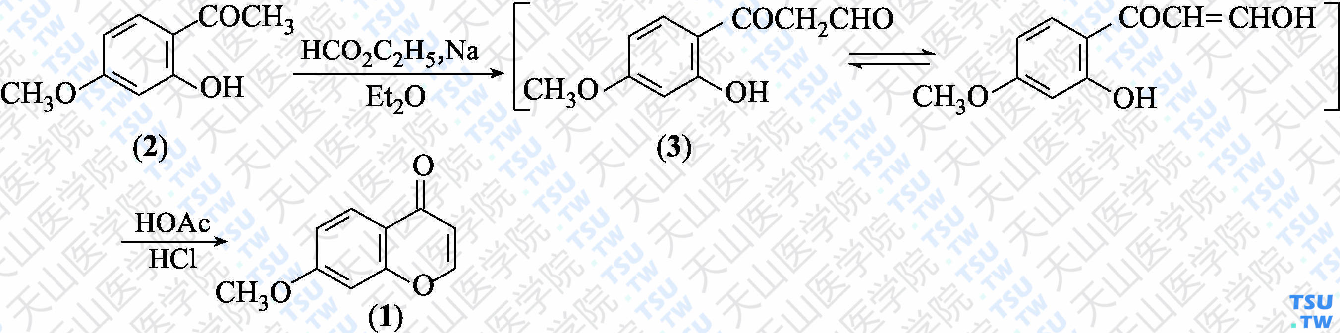 7-甲氧基苯并吡喃-4-酮（分子式：C<sub>10</sub>H<sub>8</sub>O<sub>3</sub>）的合成方法路线及其结构式