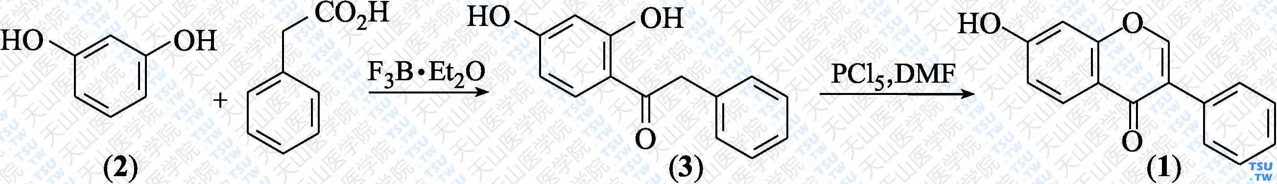 7-羟基异黄酮（分子式：C<sub>15</sub>H<sub>10</sub>O<sub>3</sub>）的合成方法路线及其结构式