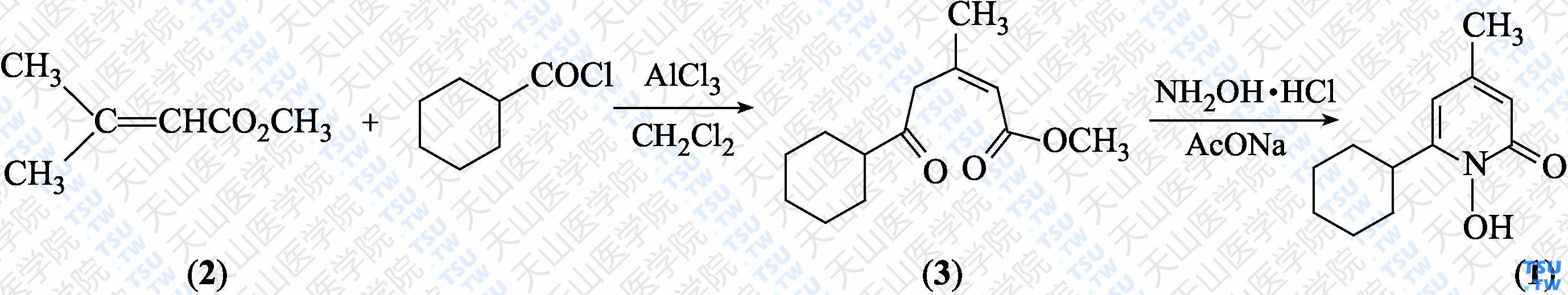 4-甲基-6-环己基-1-羟基-2（1<i>H</i>）-吡啶酮（分子式：C<sub>12</sub>H<sub>17</sub>NO<sub>2</sub>）的合成方法路线及其结构式