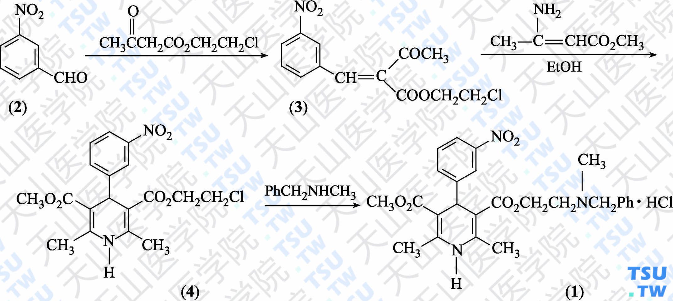 盐酸尼卡地平（分子式：C<sub>26</sub>H<sub>29</sub>N<sub>3</sub>O<sub>6</sub>·HCl）的合成方法路线及其结构式