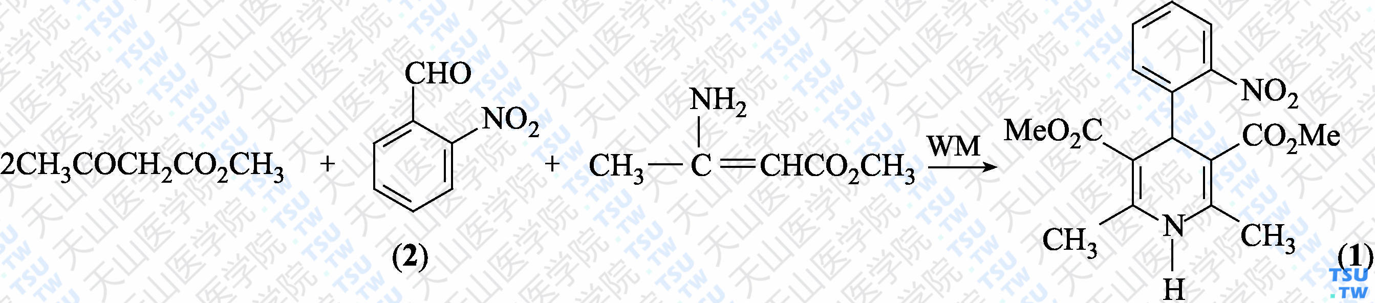 硝苯地平（分子式：C<sub>17</sub>H<sub>18</sub>N<sub>2</sub>O<sub>6</sub>）的合成方法路线及其结构式
