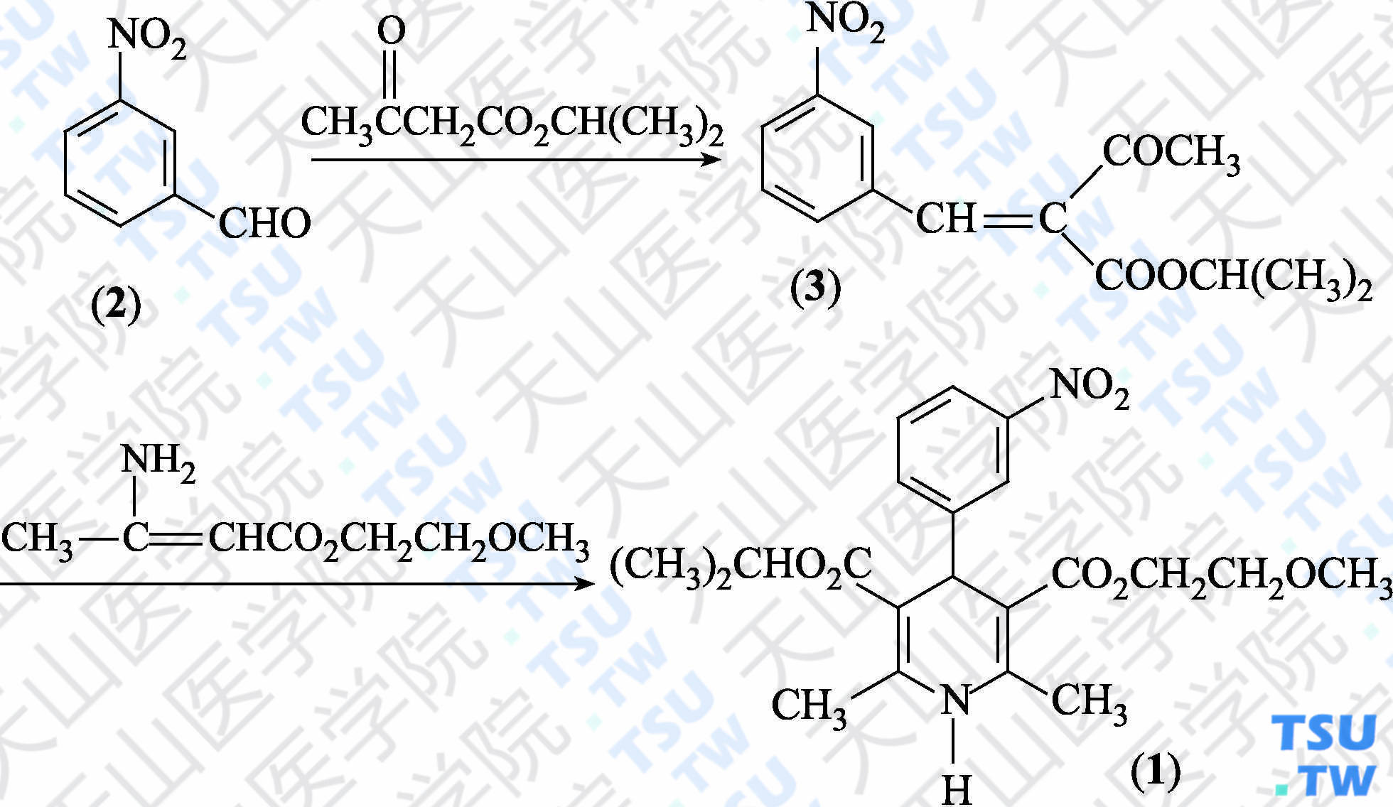 尼莫地平（分子式：C<sub>21</sub>H<sub>26</sub>N<sub>2</sub>O<sub>7</sub>）的合成方法路线及其结构式