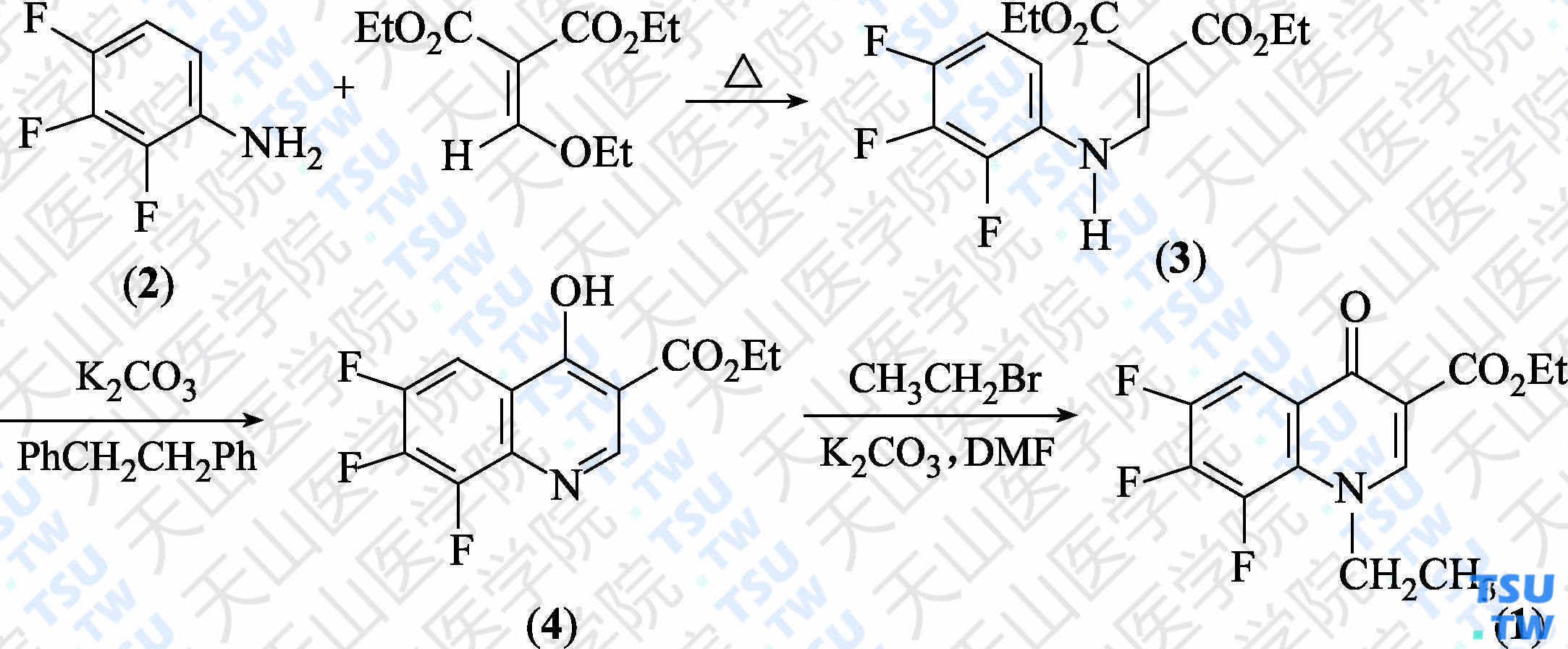 1-乙基-6，7，8-三氟-1，4-二氢-4-氧代喹啉-3-羧酸乙酯（分子式：C<sub>14</sub>H<sub>12</sub> F<sub>3</sub>NO<sub>3</sub>）的合成方法路线及其结构式