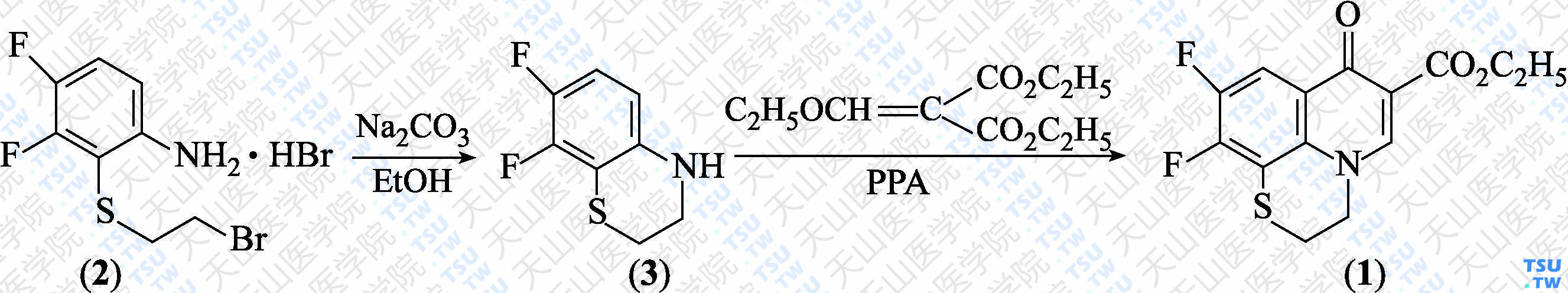 9，10-二氟-7-氧代-2，3-二氢-7<i>H</i>-吡啶并[1，2，3-<i>de</i>]-1，4-苯并噻嗪-6-羧酸乙酯（分子式：C<sub>14</sub>H<sub>11</sub>F<sub>2</sub>NO<sub>3</sub>S）的合成方法路线及其结构式