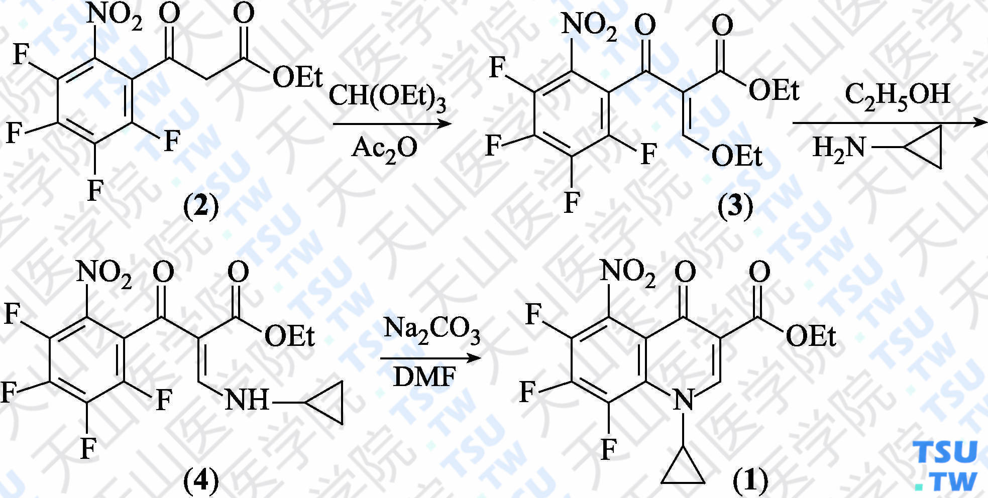 1-环丙基-6，7，8-三氟-1，4-二氢-5-硝基-4-氧代喹啉-3-羧酸乙酯（分子式：C<sub>15</sub>H<sub>11</sub>F<sub>3</sub>N<sub>2</sub>O<sub>5</sub>）的合成方法路线及其结构式