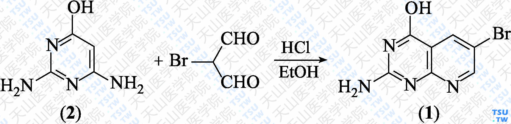 2-氨基-4-羟基-6-溴吡啶并[2，3-<i>d</i>]嘧啶（分子式：C<sub>7</sub>H<sub>5</sub>BrN<sub>4</sub>O）的合成方法路线及其结构式