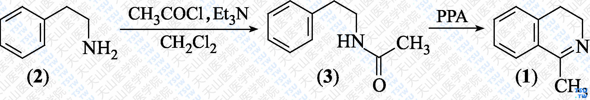 1-甲基-2，3-二氢异喹啉（分子式：C<sub>10</sub>H<sub>11</sub>N）的合成方法路线及其结构式