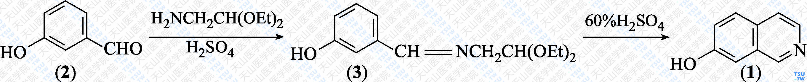 7-羟基异喹啉（分子式：C<sub>9</sub>H<sub>7</sub>NO）的合成方法路线及其结构式