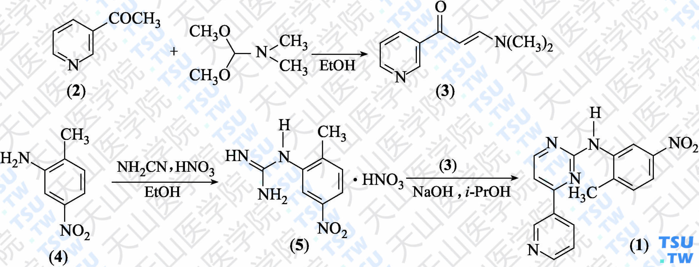 <i>N</i>-（2-甲基-5-硝基苯基）-4-（吡啶-3-基）嘧啶-2-胺（分子式：C<sub>16</sub>H<sub>13</sub>N<sub>5</sub>O<sub>2</sub>）的合成方法路线及其结构式