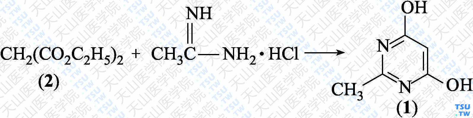 2-甲基-4，6-二羟基嘧啶（分子式：C<sub>5</sub>H<sub>6</sub>N<sub>2</sub>O<sub>2</sub>）的合成方法路线及其结构式