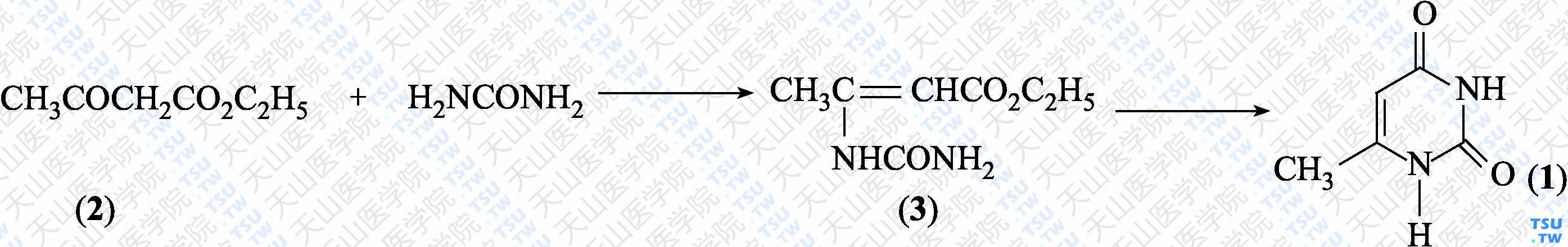 6-甲基尿嘧啶（分子式：C<sub>5</sub>H<sub>6</sub>N<sub>2</sub>O<sub>2</sub>）的合成方法路线及其结构式