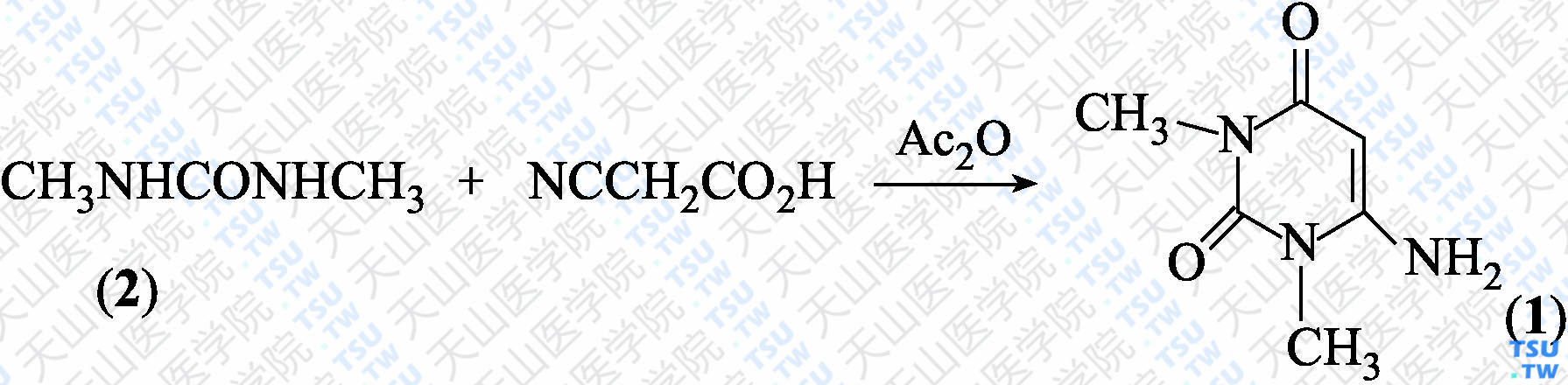 6-氨基-1，3-二甲基尿嘧啶（分子式：C<sub>6</sub>H<sub>9</sub>N<sub>3</sub>O<sub>2</sub>）的合成方法路线及其结构式