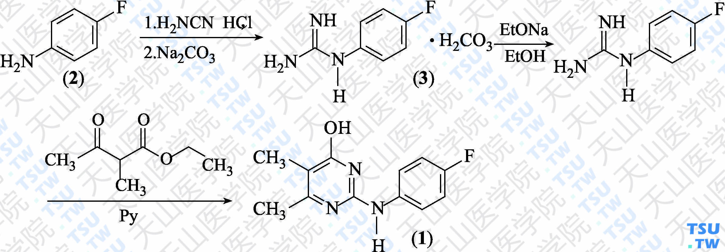 4-羟基-2-（4-氟苯氨基）-5，6-二甲基嘧啶（分子式：C<sub>12</sub>H<sub>12</sub>FN<sub>3</sub>O）的合成方法路线及其结构式