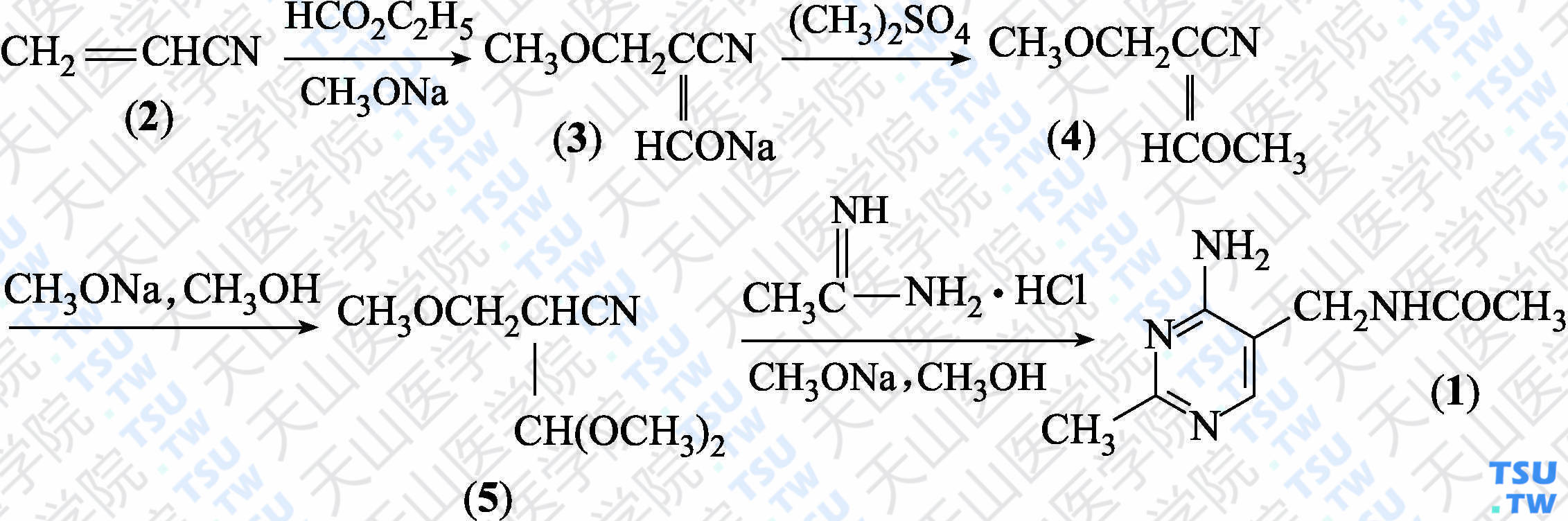 5-乙酰胺甲基-4-氨基-2-甲基嘧啶（分子式：C<sub>8</sub>H<sub>12</sub>N<sub>4</sub>O）的合成方法路线及其结构式