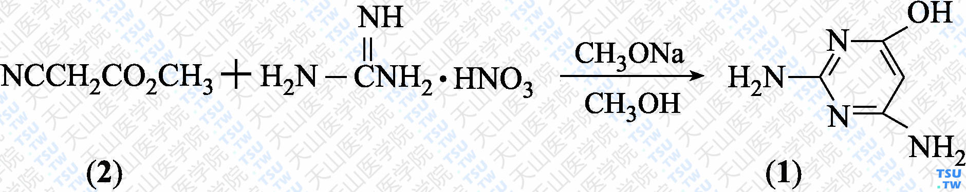 2，4-二氨基-6-羟基嘧啶（分子式：C<sub>4</sub>H<sub>6</sub>N<sub>4</sub>O）的合成方法路线及其结构式