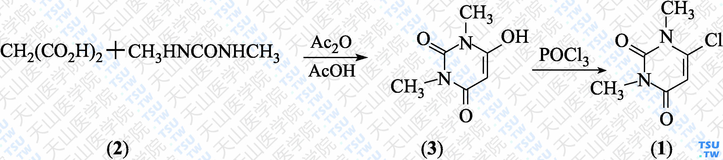 6-氯-1，3-二甲基-2，4（1<i>H</i>，3<i>H</i>）-嘧啶二酮（分子式：C<sub>6</sub>H<sub>7</sub>ClN<sub>2</sub>O<sub>2</sub>）的合成方法路线及其结构式