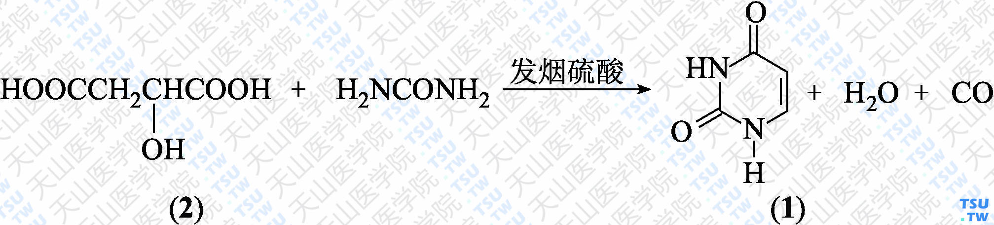 尿嘧啶（分子式：C<sub>4</sub>H<sub>4</sub>N<sub>2</sub>O<sub>2</sub>）的合成方法路线及其结构式