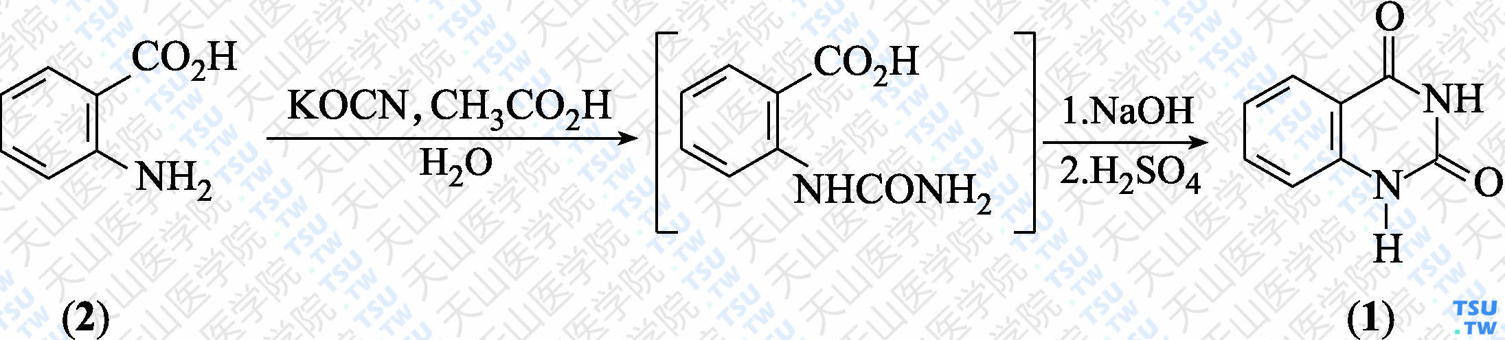 2，4-喹唑啉二酮（分子式：C<sub>8</sub>H<sub>6</sub>N<sub>2</sub>O<sub>2</sub>）的合成方法路线及其结构式