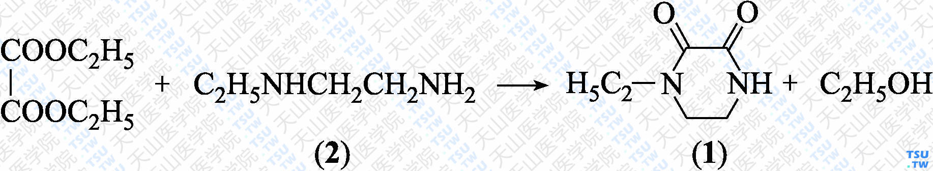 1-乙基-2，3-二氧代哌嗪（分子式：C<sub>6</sub>H<sub>10</sub>N<sub>2</sub>O<sub>2</sub>）的合成方法路线及其结构式