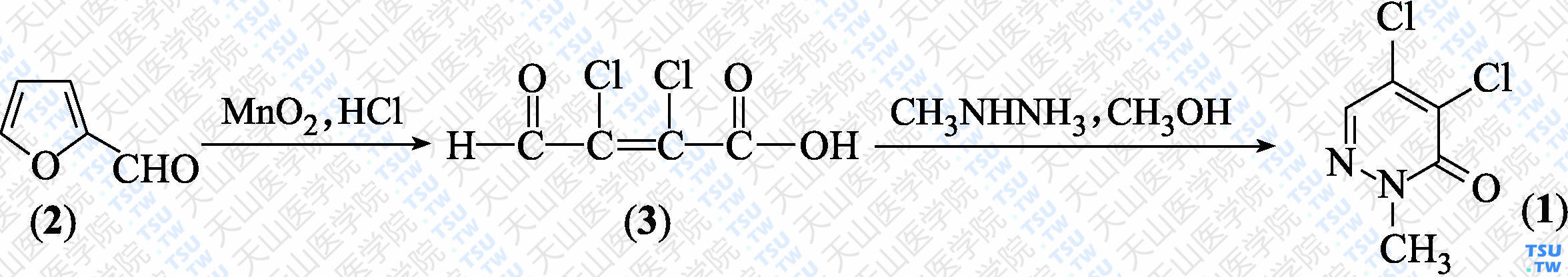 4，5-二氯-2-甲基-3（2<i>H</i>）-哒嗪酮（分子式：C<sub>5</sub>H<sub>4</sub>N<sub>2</sub>Cl<sub>2</sub>O）的合成方法路线及其结构式