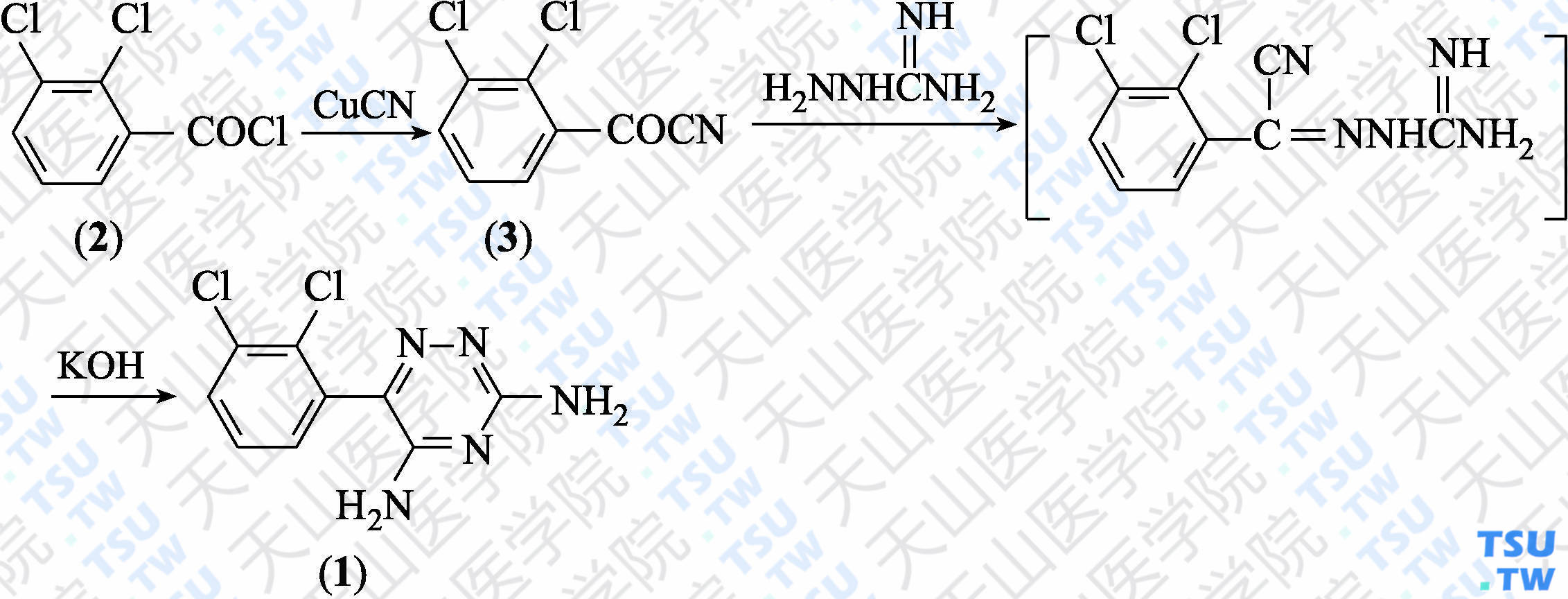 拉莫三嗪（分子式：C<sub>9</sub>H<sub>7</sub>Cl<sub>2</sub>N<sub>5</sub>）的合成方法路线及其结构式