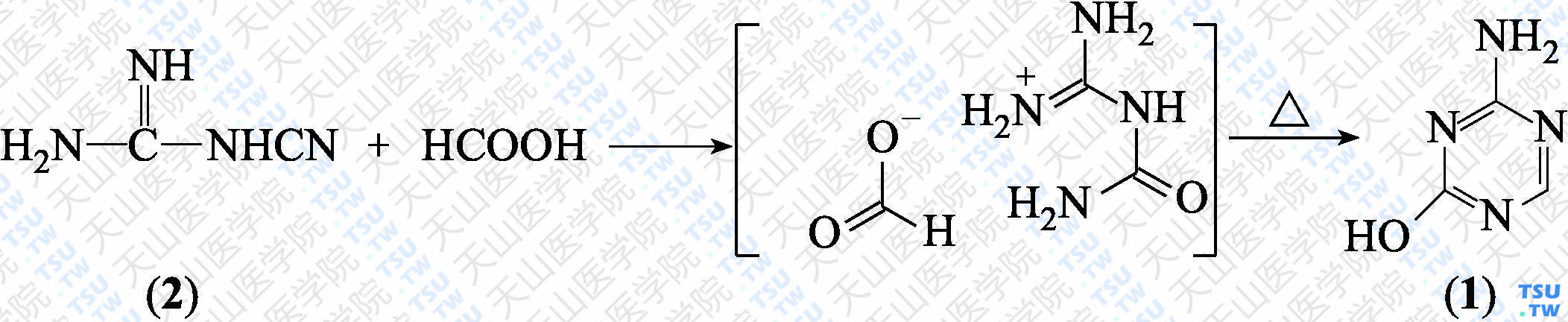 5-氮杂胞嘧啶（分子式：C<sub>3</sub>H<sub>4</sub>N<sub>4</sub>O）的合成方法路线及其结构式