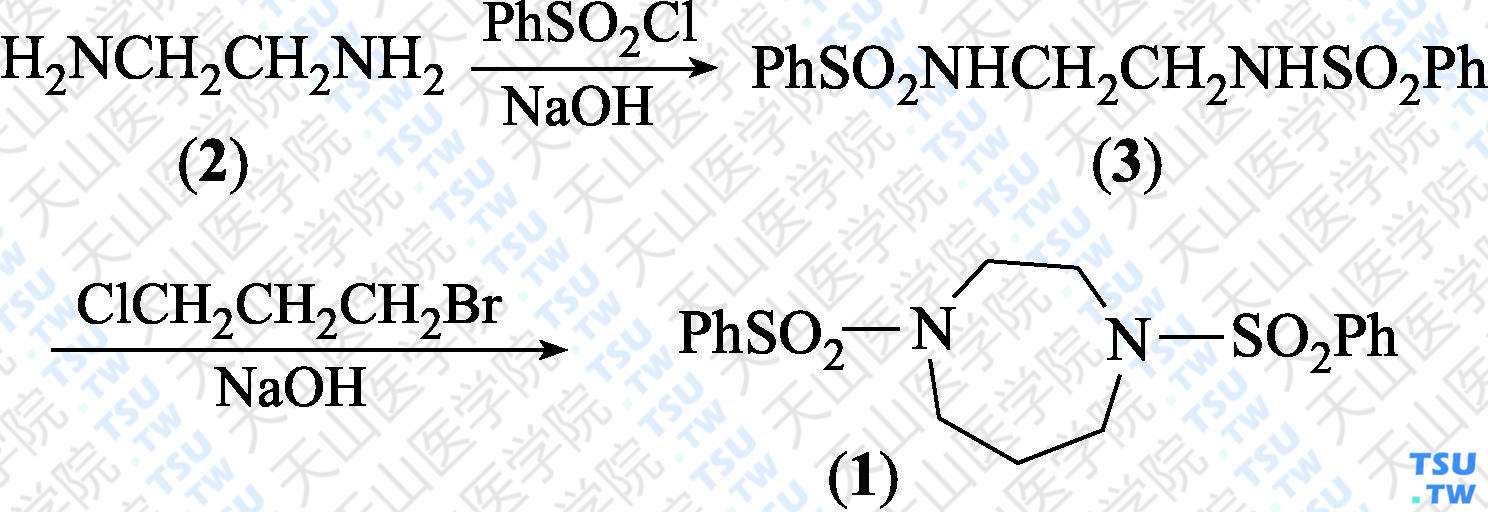 1，4-二苯磺酰基-1，4-二氮杂䓬（分子式：C<sub>17</sub>H<sub>20</sub>N<sub>2</sub>O<sub>4</sub>S<sub>2</sub>）的合成方法路线及其结构式