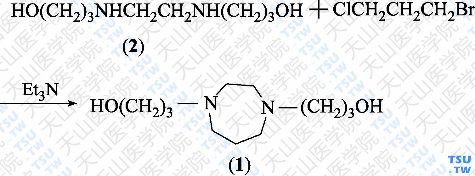 <i>N</i>，<i>N</i>'-双-（3-羟基丙基）-高哌嗪（分子式：C<sub>11</sub>H<sub>24</sub>N<sub>2</sub>O<sub>2</sub>）的合成方法路线及其结构式