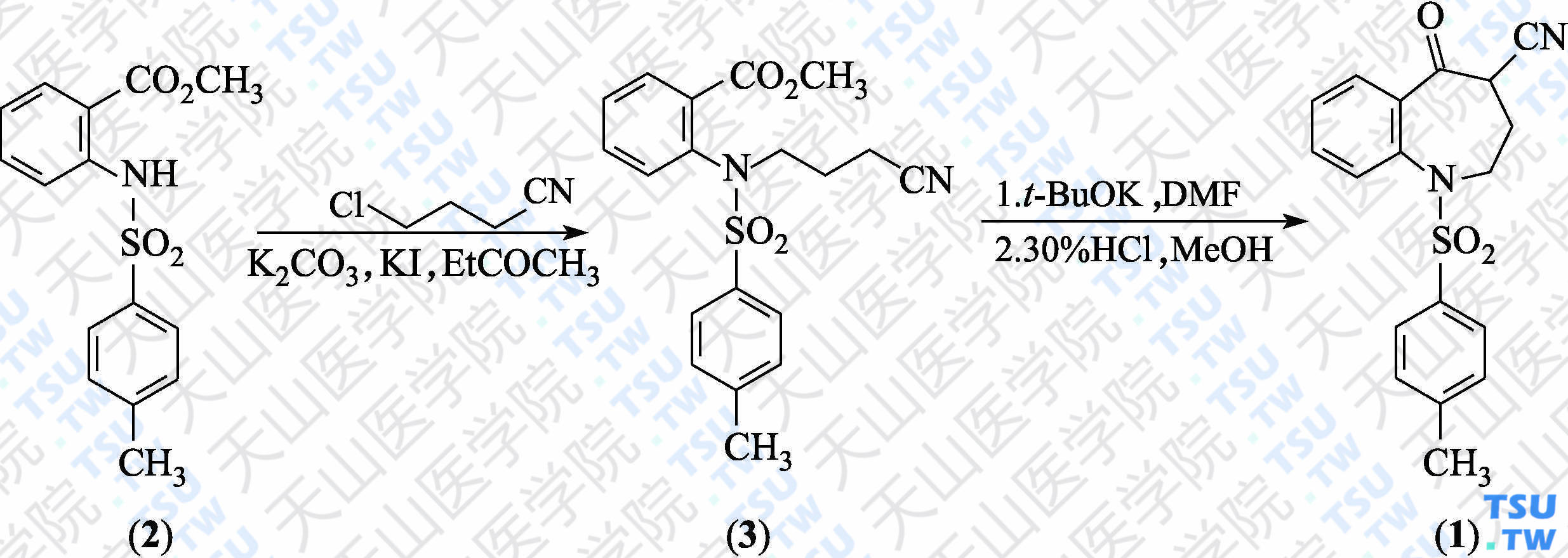 1-[（4-甲基苯基）磺酰基]-5-氧代-2，3，4，5-四氢-1<i>H</i>-苯并氮杂䓬-4-腈（分子式：C<sub>18</sub>H<sub>16</sub>N<sub>2</sub>O<sub>3</sub>S）的合成方法路线及其结构式