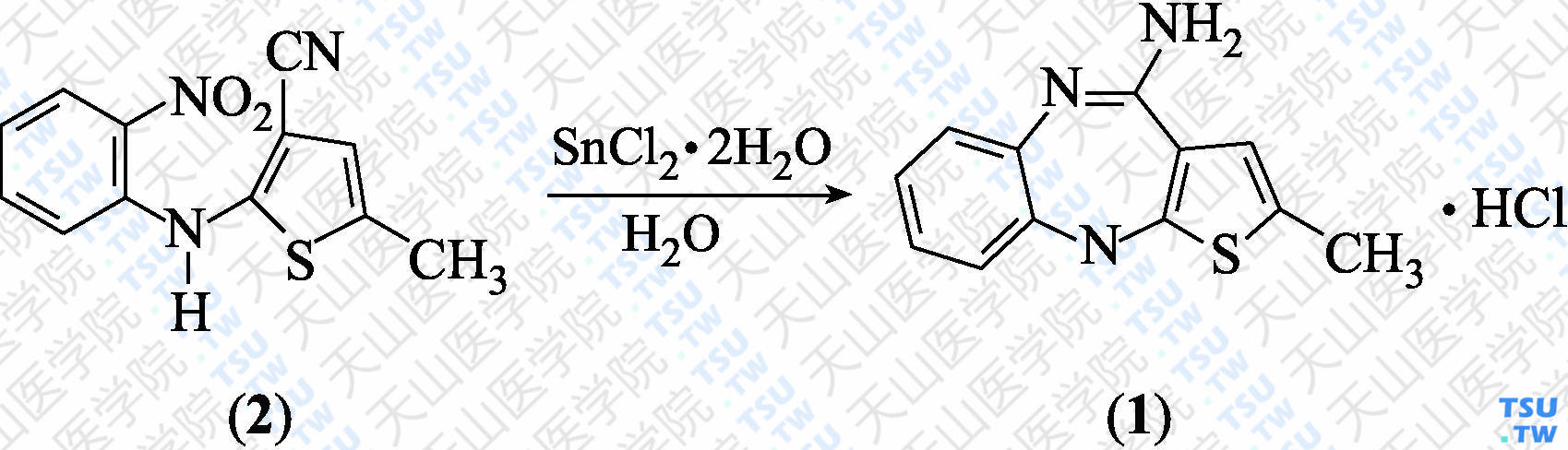 4-氨基-2-甲基-10<i>H</i>-噻吩并[2，3-<i>b</i>][1，5]苯二氮杂䓬盐酸盐（分子式：C<sub>12</sub>H<sub>10</sub>N<sub>3</sub>S·HCl）的合成方法路线及其结构式