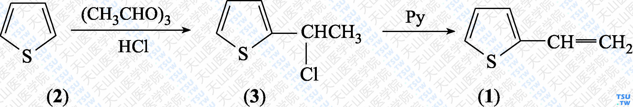 2-乙烯基噻吩（分子式：C<sub>6</sub>H<sub>6</sub>S）的合成方法路线及其结构式