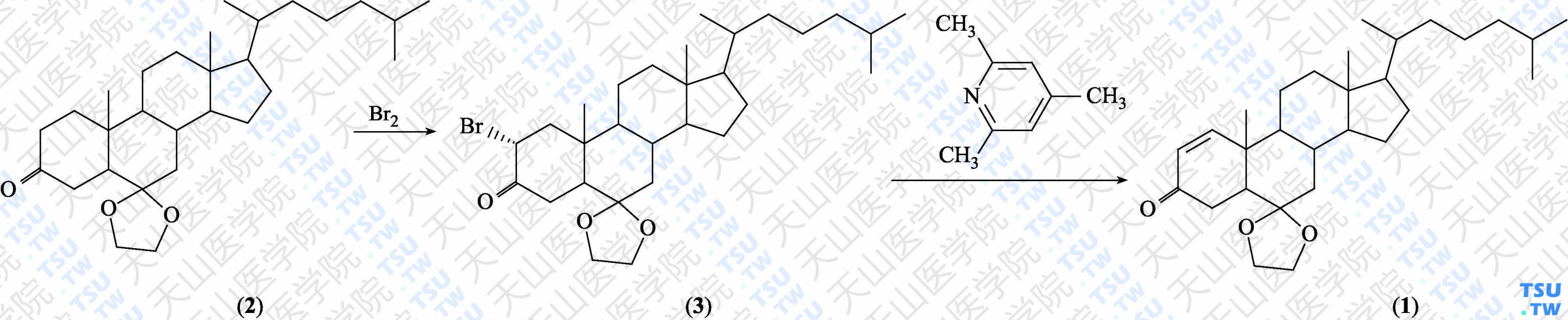 6，6-亚乙二氧基-胆甾-1-烯-3-酮（分子式：C<sub>29</sub>H<sub>46</sub>O<sub>3</sub>）的合成方法路线及其结构式
