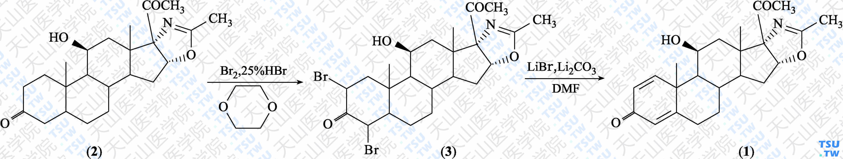 3<i>β</i>-羟基-孕甾-1，4-二烯-3，20-二酮[17<i>α</i>，16<i>α</i>-<i>d</i>]-2'-甲基噁唑啉（分子式：C<sub>23</sub>H<sub>29</sub>NO<sub>4</sub>）的合成方法路线及其结构式