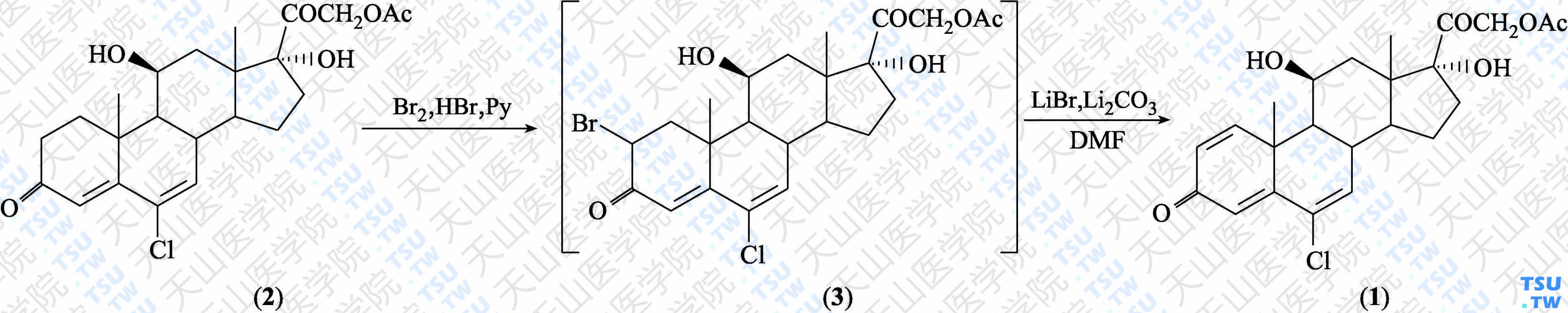 6-氯-11<i>β</i>，17<i>α</i>，21-三羟基-孕甾烷-1，4，6-三烯-3，20-二酮-21-基乙酸酯（分子式：C<sub>23</sub>H<sub>27</sub>ClO<sub>6</sub>）的合成方法路线及其结构式