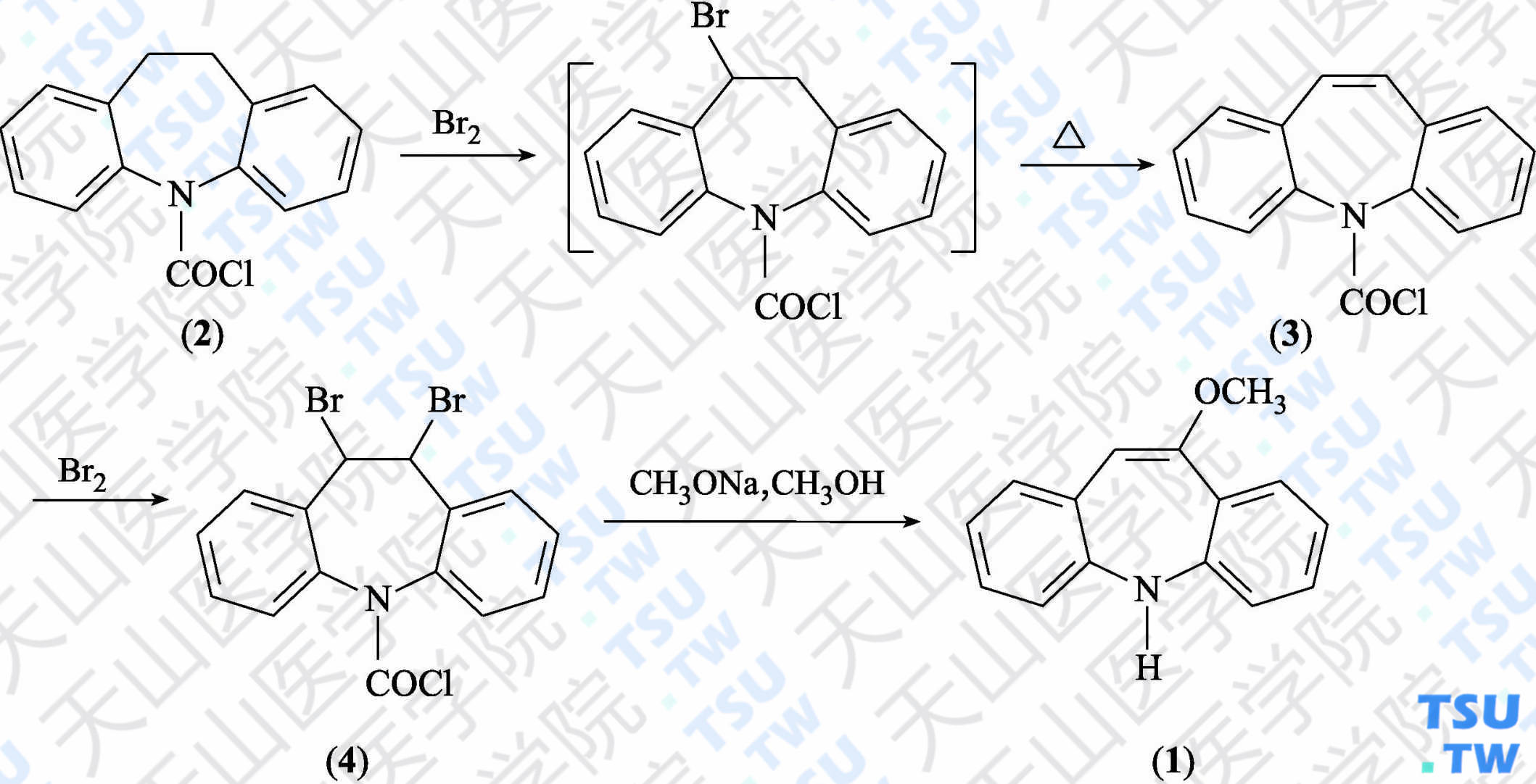 10-甲氧基-5<i>H</i>-二苯并[<i>b</i>，<i>f</i>]氮杂䓬（分子式：C<sub>15</sub>H<sub>13</sub>NO）的合成方法路线及其结构式