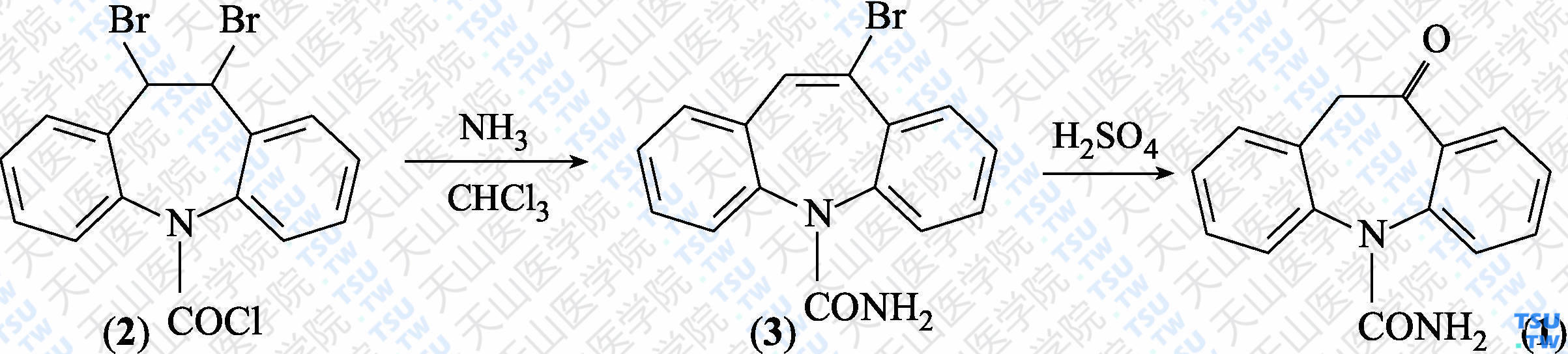 奥卡西平（分子式：C<sub>15</sub>H<sub>11</sub>BrN<sub>2</sub>O）的合成方法路线及其结构式