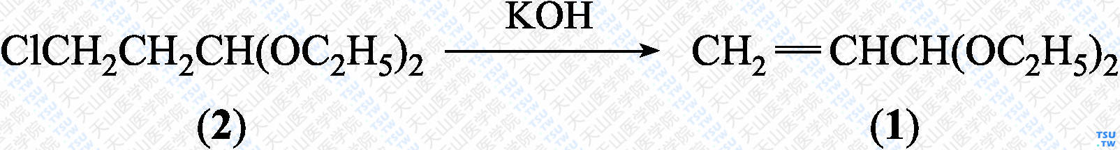 丙烯醛缩二乙醇（分子式：C<sub>7</sub>H<sub>14</sub>O<sub>2</sub>）的合成方法路线及其结构式