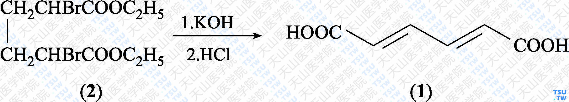 粘糠酸（分子式：C<sub>6</sub>H<sub>6</sub>O<sub>4</sub>）的合成方法路线及其结构式