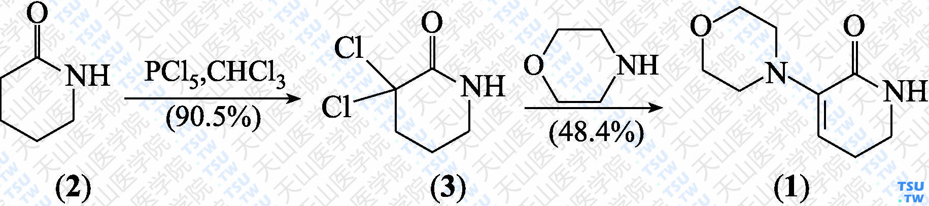 3-（4-吗啉基）-5，6-二氢-吡啶-2（1<i>H</i>）-酮（分子式：C<sub>9</sub>H<sub>14</sub>N<sub>2</sub>O<sub>2</sub>）的合成方法路线及其结构式