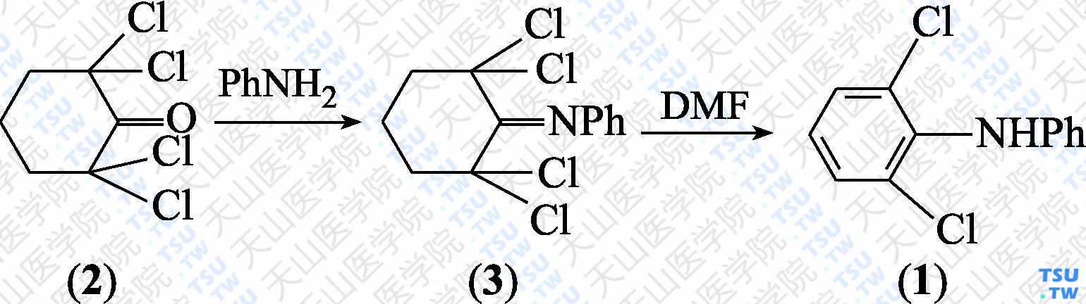 <i>N</i>-苯基-2，6-二氯苯胺（分子式：C<sub>12</sub>H<sub>9</sub>Cl<sub>2</sub>N）的合成方法路线及其结构式