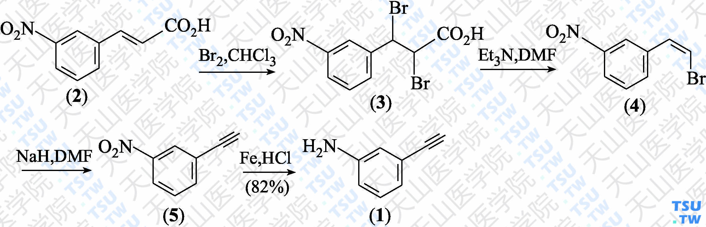 间氨基苯乙炔（分子式：C<sub>8</sub>H<sub>7</sub>N）的合成方法路线及其结构式