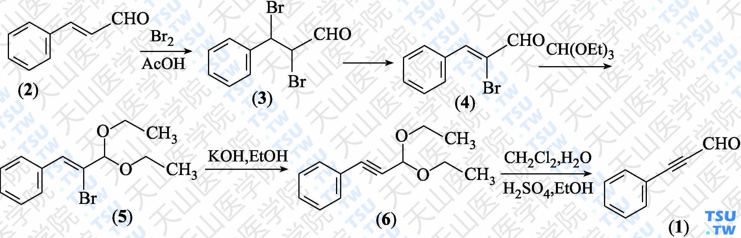 3-苯基丙炔醛（分子式：C<sub>9</sub>H<sub>6</sub>O）的合成方法路线及其结构式