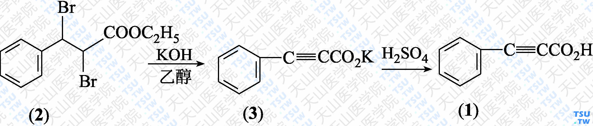 苯丙炔酸（分子式：C<sub>9</sub>H<sub>6</sub>O<sub>2</sub>）的合成方法路线及其结构式