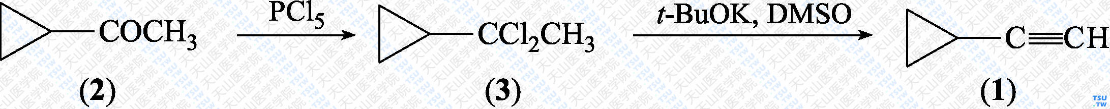 环丙基乙炔（分子式：C<sub>5</sub>H<sub>6</sub>）的合成方法路线及其结构式