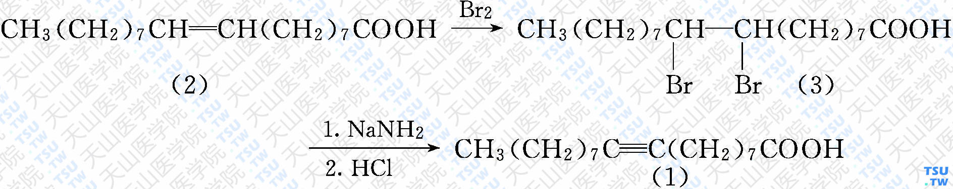 硬脂炔酸[9-十八（碳）炔酸]（分子式：C<sub>18</sub>H<sub>32</sub>O<sub>2</sub>）的合成方法路线及其结构式