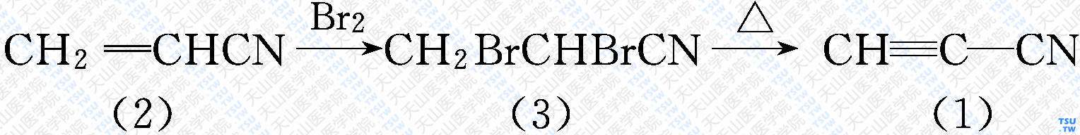 丙炔腈（分子式：C<sub>3</sub>HN）的合成方法路线及其结构式