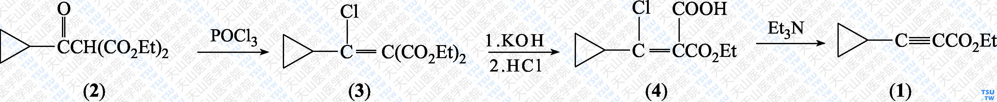 环丙基丙炔酸乙酯（分子式：C<sub>8</sub>H<sub>10</sub>O<sub>2</sub>）的合成方法路线及其结构式