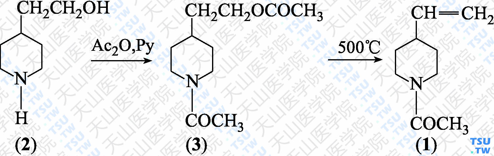 4-乙烯基-<i>N</i>-乙酰基哌啶（分子式：C<sub>9</sub>H<sub>15</sub>NO）的合成方法路线及其结构式
